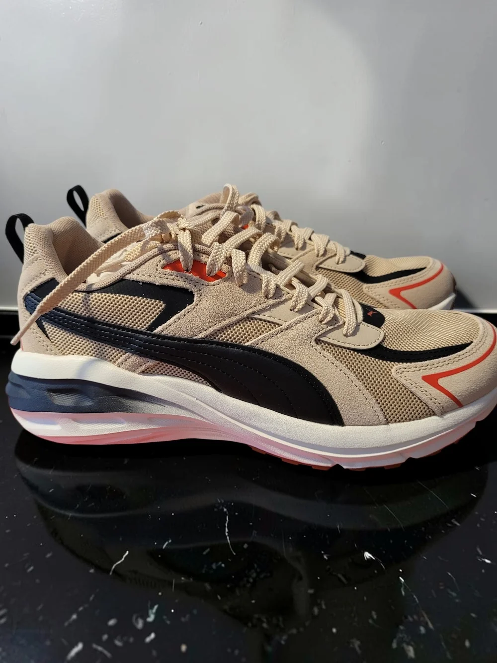 Puma Men's Beige and Black Running Sneakers with Coral Accents